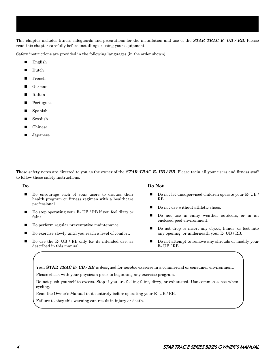 Afety, Nstructions, Important safety instructions | Save these instructions, Warning | Star Trac E SERIES BIKES E- UB 8100 User Manual | Page 4 / 36