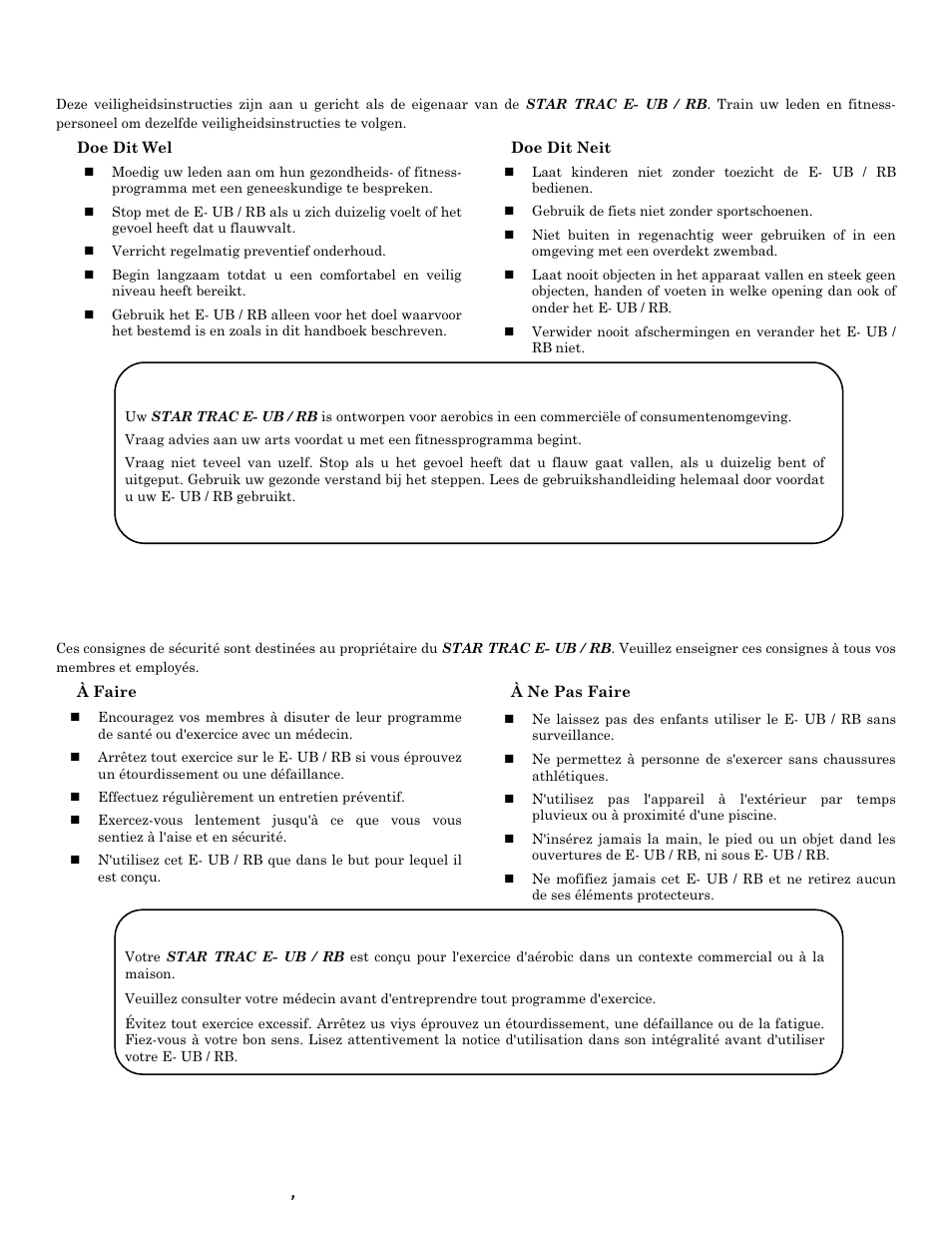 De belangrijke instructies van de veiligheid, Gardez ces instructions waarschuwing, Mise en garde | Star Trac E SERIES BIKES E- UB 8100 User Manual | Page 5 / 36