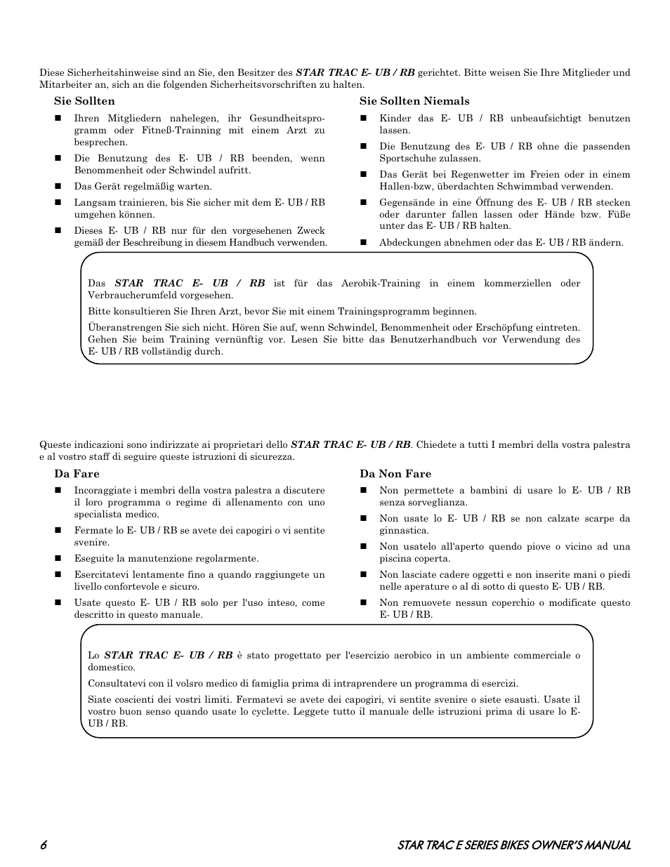 Wichtige sicherheitsvorschriften, Mantenga queste istruzioni warnung, Attenzione | Star Trac E SERIES BIKES E- UB 8100 User Manual | Page 6 / 36