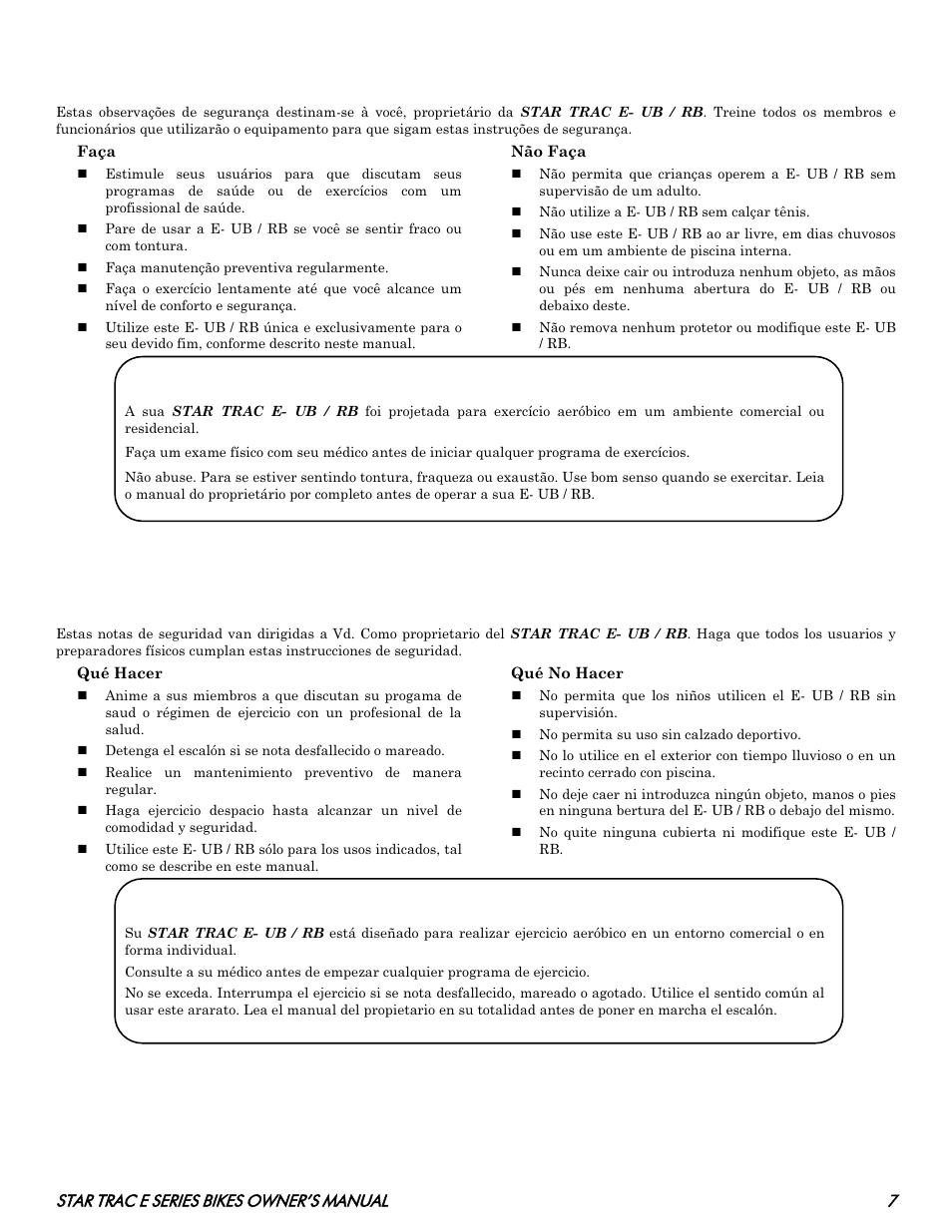 Instruções de segurança importantes, Guarde estas instrucciones, Advertência | Advertencia | Star Trac E SERIES BIKES E- UB 8100 User Manual | Page 7 / 36