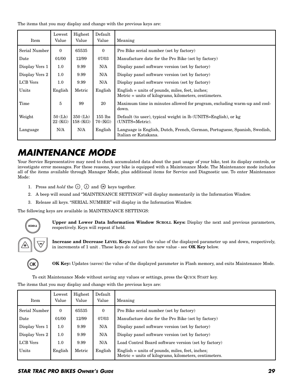 Maintenance mode | Star Trac Pro Upright Bike User Manual | Page 29 / 32