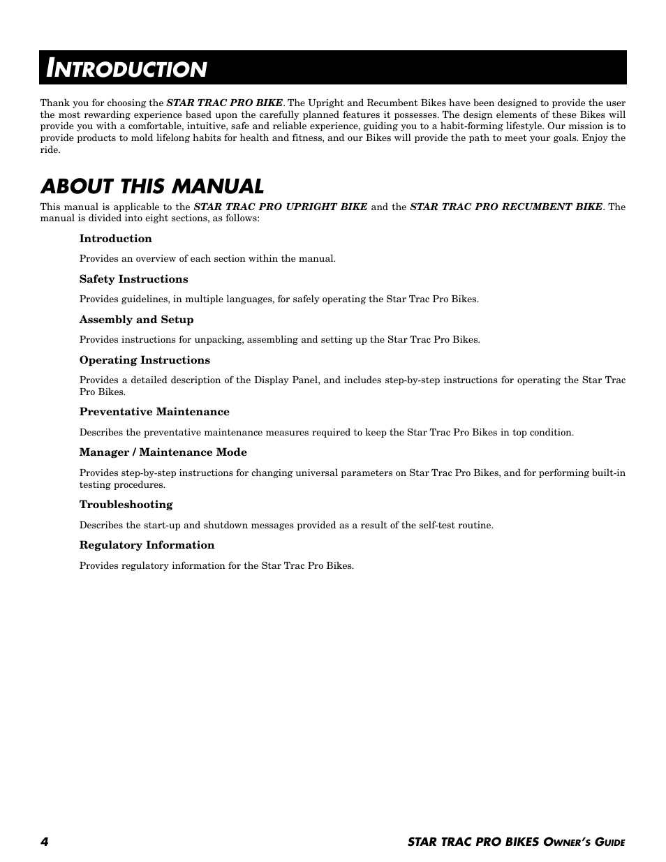 About this manual, Ntroduction | Star Trac Pro Upright Bike User Manual | Page 4 / 32