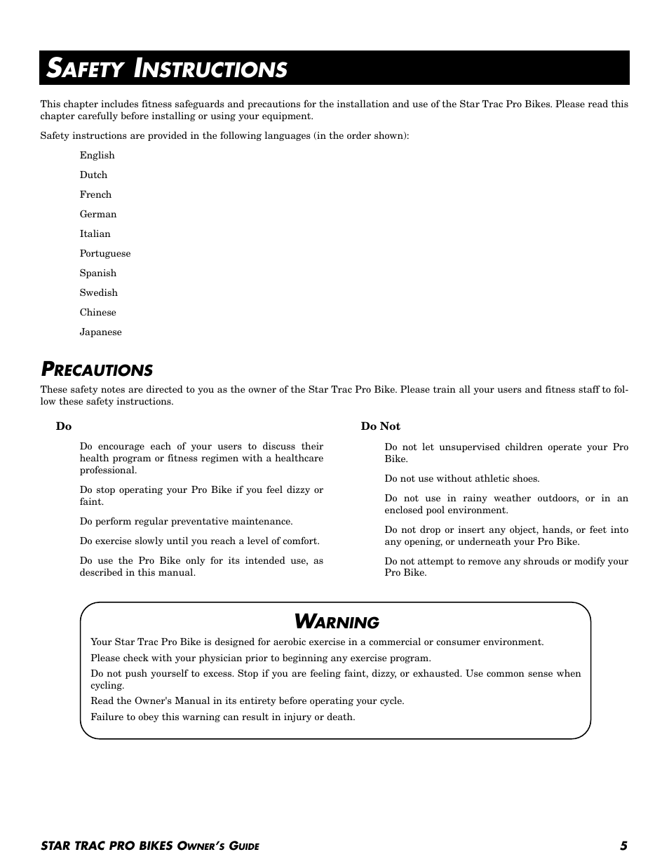 Afety, Nstructions, Recautions | Arning | Star Trac Pro Upright Bike User Manual | Page 5 / 32