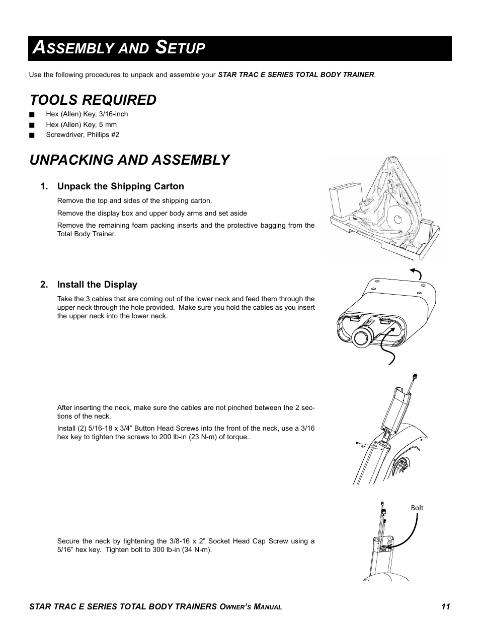 Ssembly and, Etup, Tools required | Unpacking and assembly | Star Trac E-TBT User Manual | Page 11 / 30