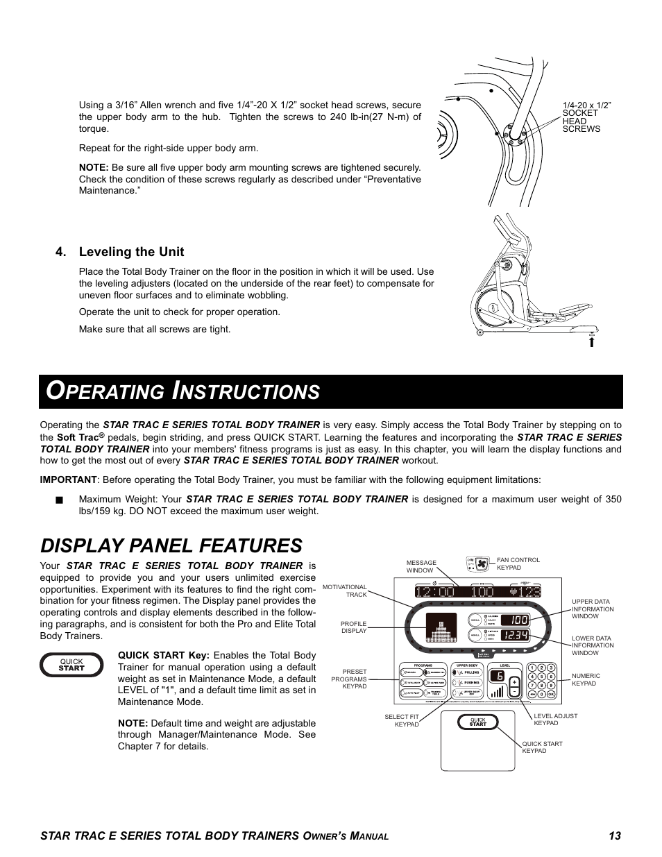 Perating, Nstructions, Display panel features | Leveling the unit | Star Trac E-TBT User Manual | Page 13 / 30