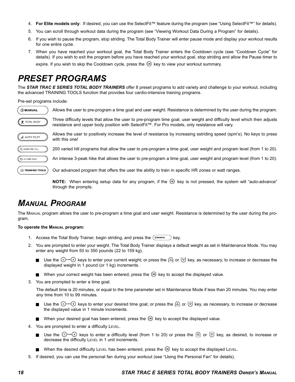 Preset programs, Anual, Rogram | Star Trac E-TBT User Manual | Page 18 / 30