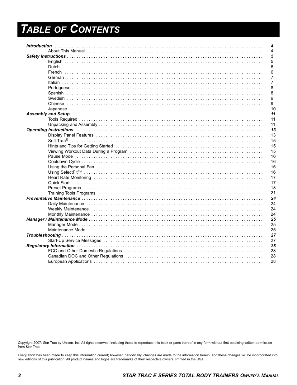 Able of, Ontents | Star Trac E-TBT User Manual | Page 2 / 30