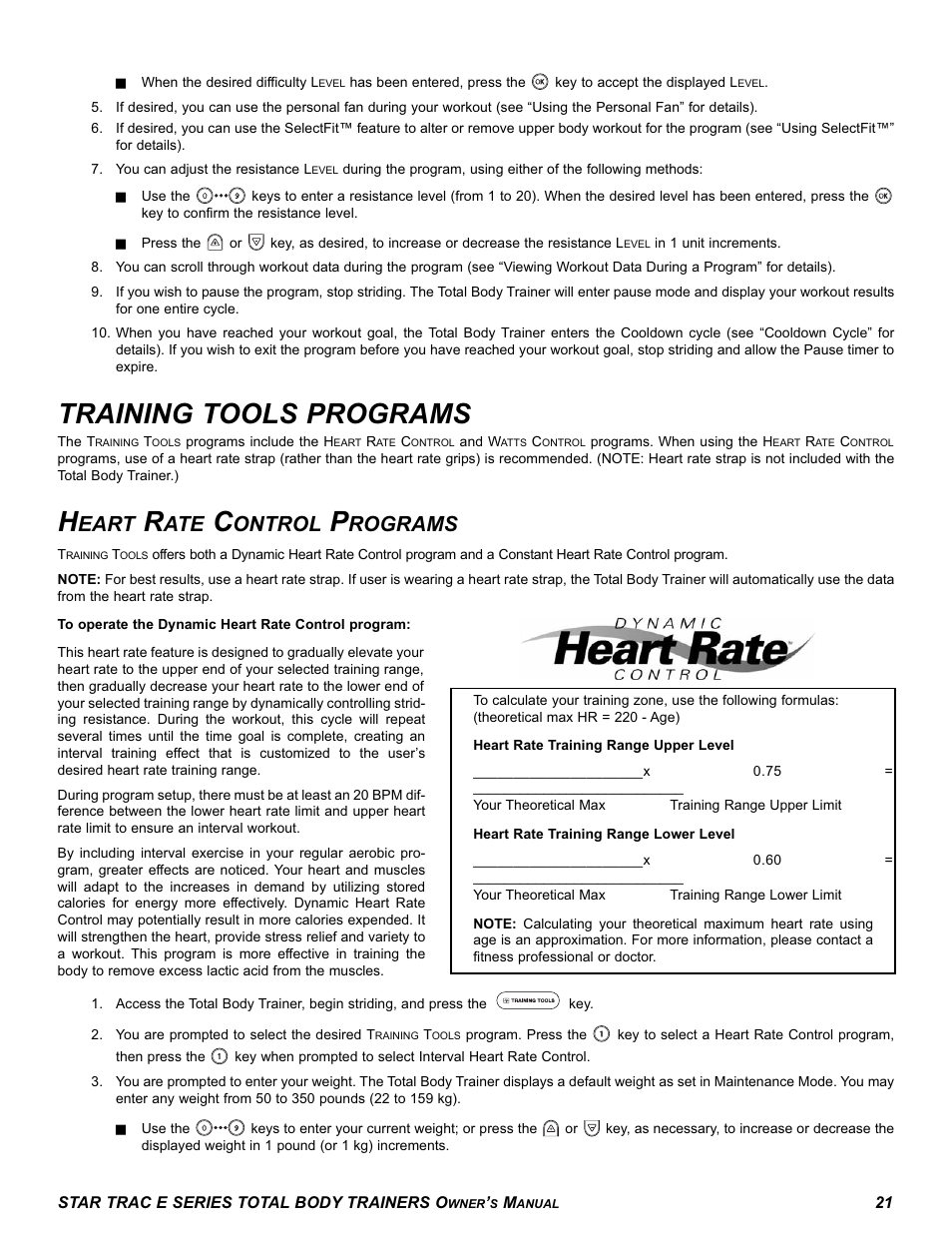 Training tools programs, Eart, Ontrol | Rograms | Star Trac E-TBT User Manual | Page 21 / 30