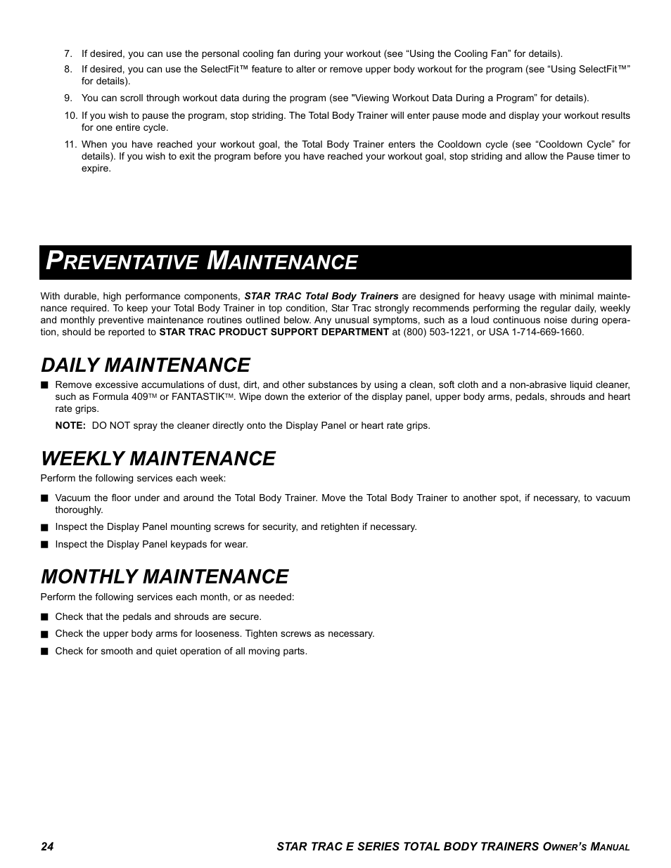 Reventative, Aintenance, Daily maintenance | Weekly maintenance, Monthly maintenance | Star Trac E-TBT User Manual | Page 24 / 30