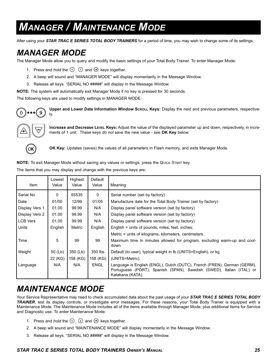 Manager mode, Maintenance mode, Anager | Aintenance | Star Trac E-TBT User Manual | Page 25 / 30