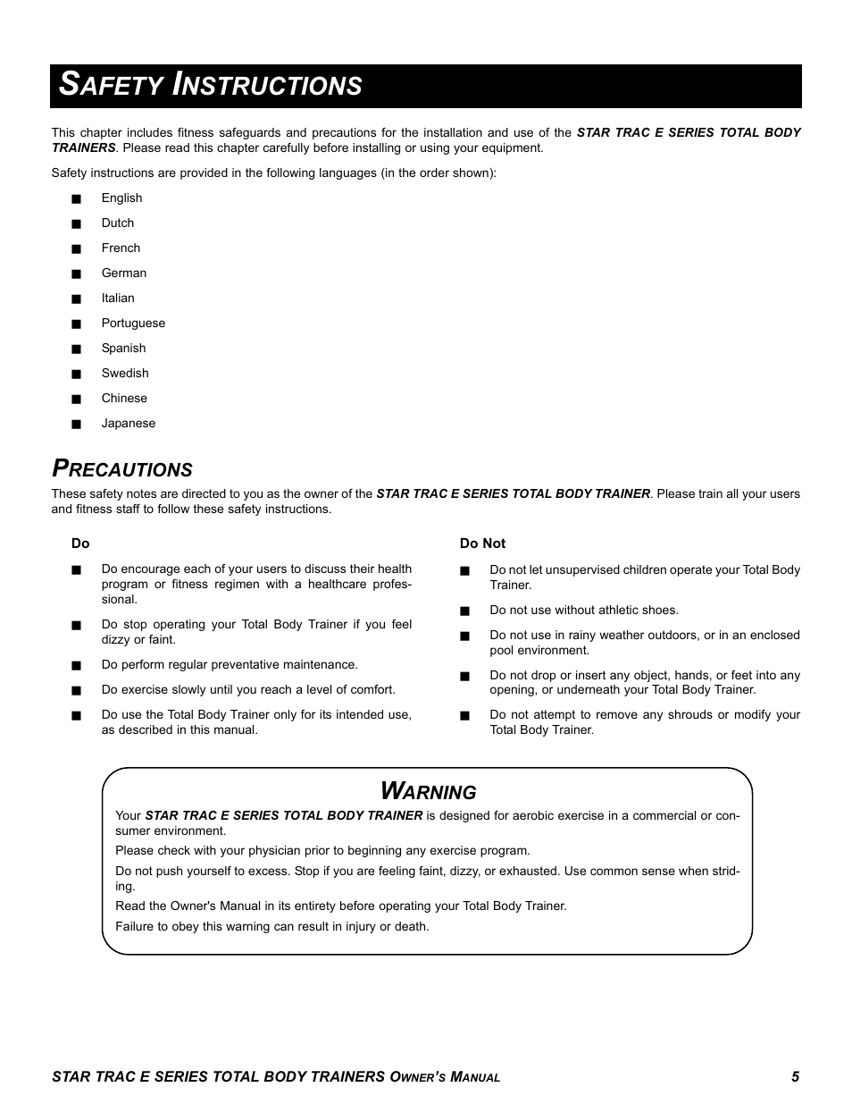 Afety, Nstructions, Recautions | Arning | Star Trac E-TBT User Manual | Page 5 / 30