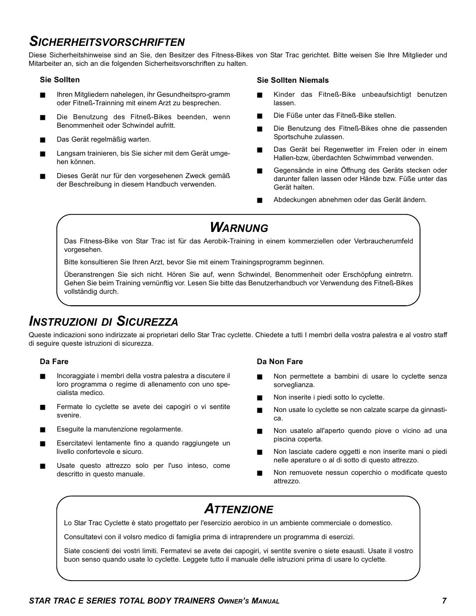 Icherheitsvorschriften, Nstruzioni di, Icurezza | Arnung, Ttenzione | Star Trac E-TBT User Manual | Page 7 / 30