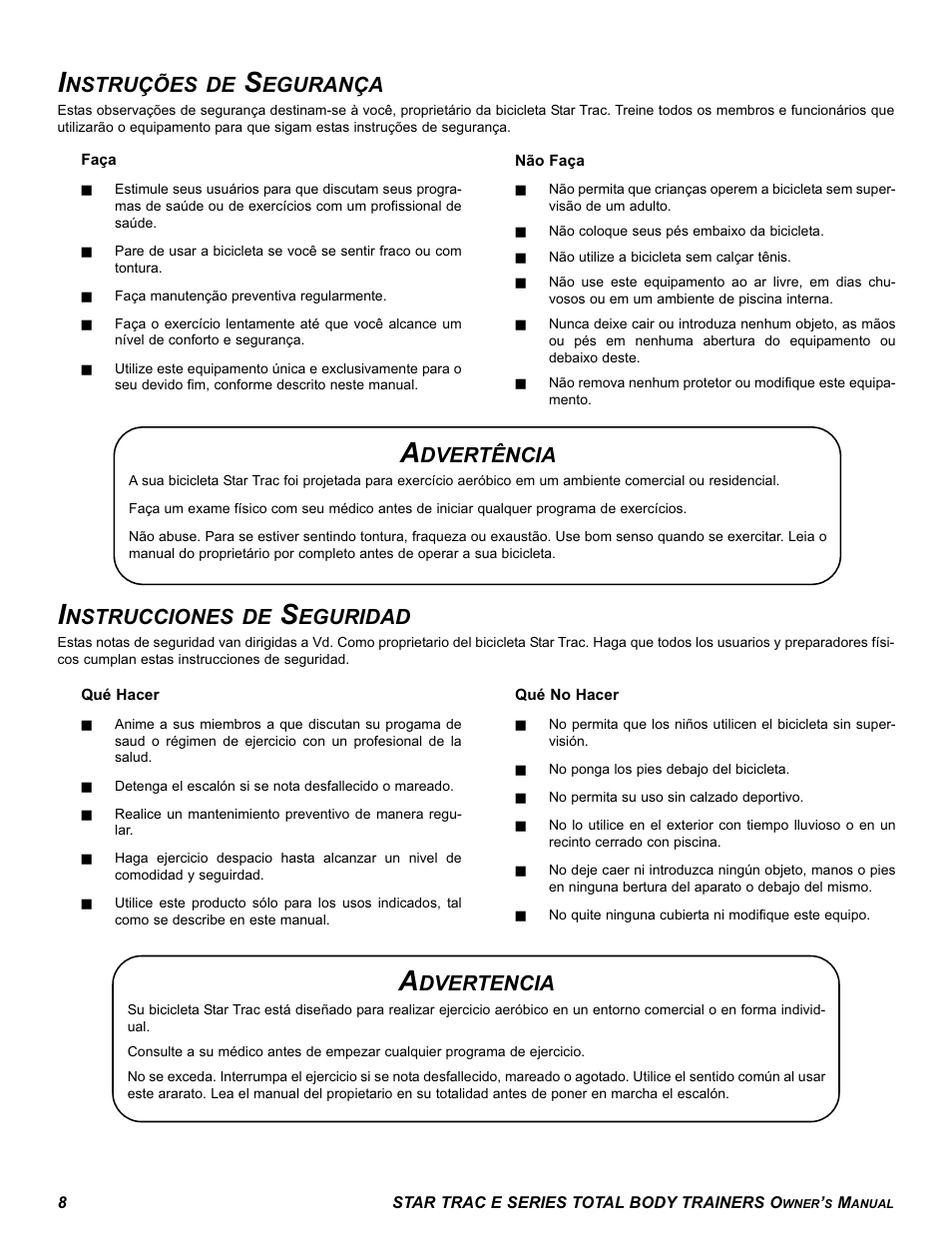 Nstruções de, Egurança, Nstrucciones de | Eguridad, Dvertência, Dvertencia | Star Trac E-TBT User Manual | Page 8 / 30