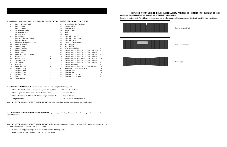 Parts and materials, Siting requirements, Unpacking | Ssembly and, Etup, Ools, Equired, Eight, Nspection, Equirements | Star Trac Instinct Inner/Outer Thigh Machine User Manual | Page 6 / 10