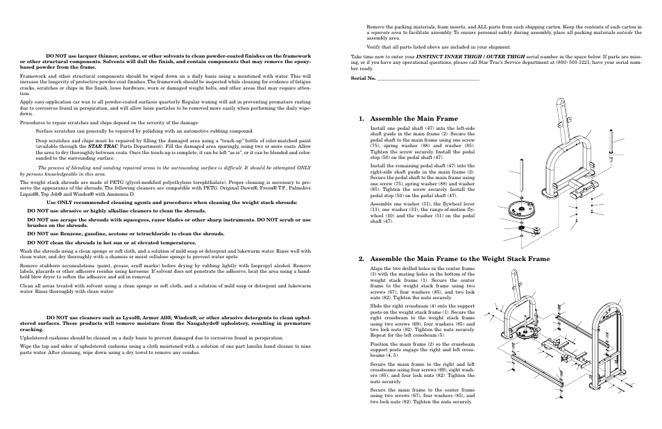 Maintenance procedures f, Assembly, Ramework | Aintenance, Pholstery, Assemble the main frame, Assemble the main frame to the weight stack frame | Star Trac Instinct Inner/Outer Thigh Machine User Manual | Page 7 / 10