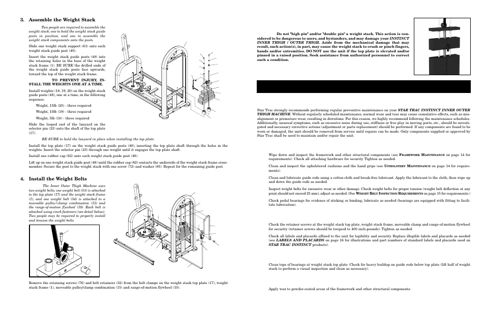 Reventive, Aintenance maintenance schedule, Aily | Aintenance, Eekly, Onthly, Uarterly, Assemble the weight stack, Install the weight belts | Star Trac Instinct Inner/Outer Thigh Machine User Manual | Page 8 / 10