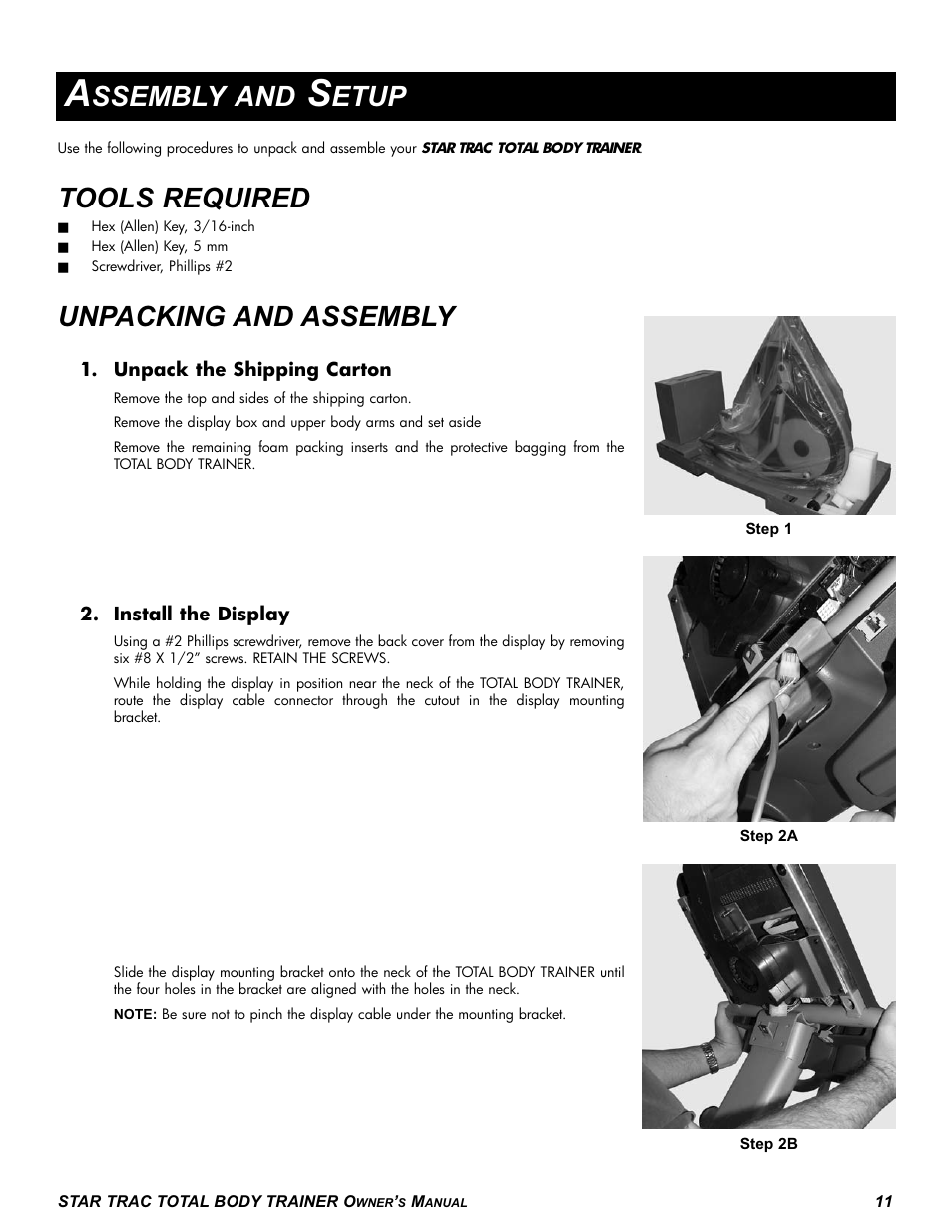 Ssembly and, Etup, Tools required | Unpacking and assembly | Star Trac P-TBT User Manual | Page 11 / 30