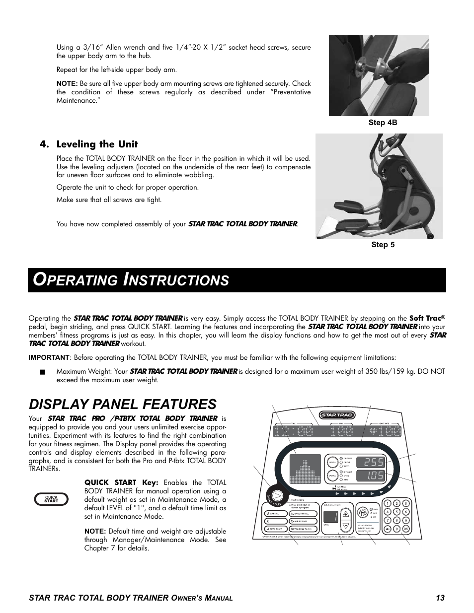 Perating, Nstructions, Display panel features | Leveling the unit | Star Trac P-TBT User Manual | Page 13 / 30
