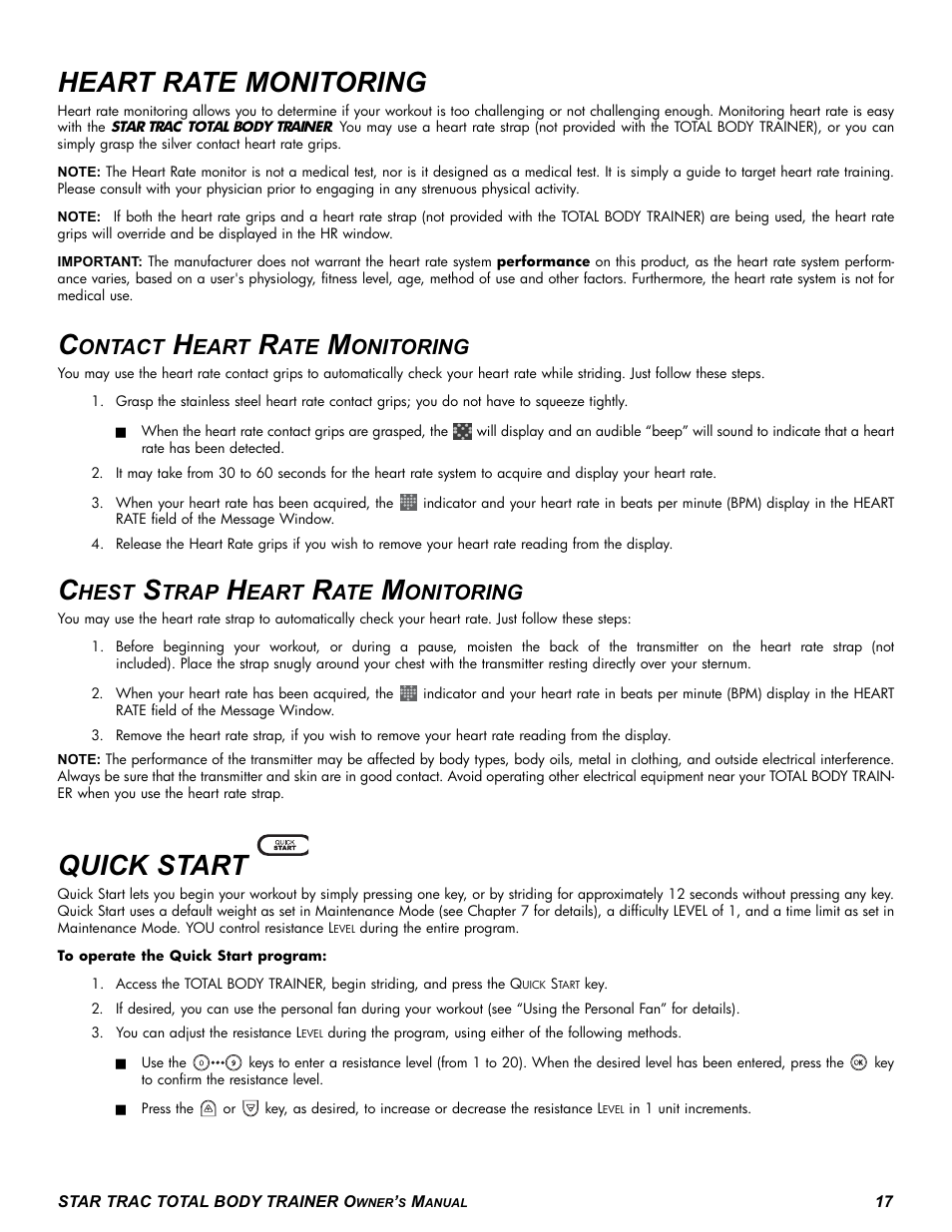 Heart rate monitoring, Quick start, Ontact | Eart, Onitoring, Hest, Trap | Star Trac P-TBT User Manual | Page 17 / 30