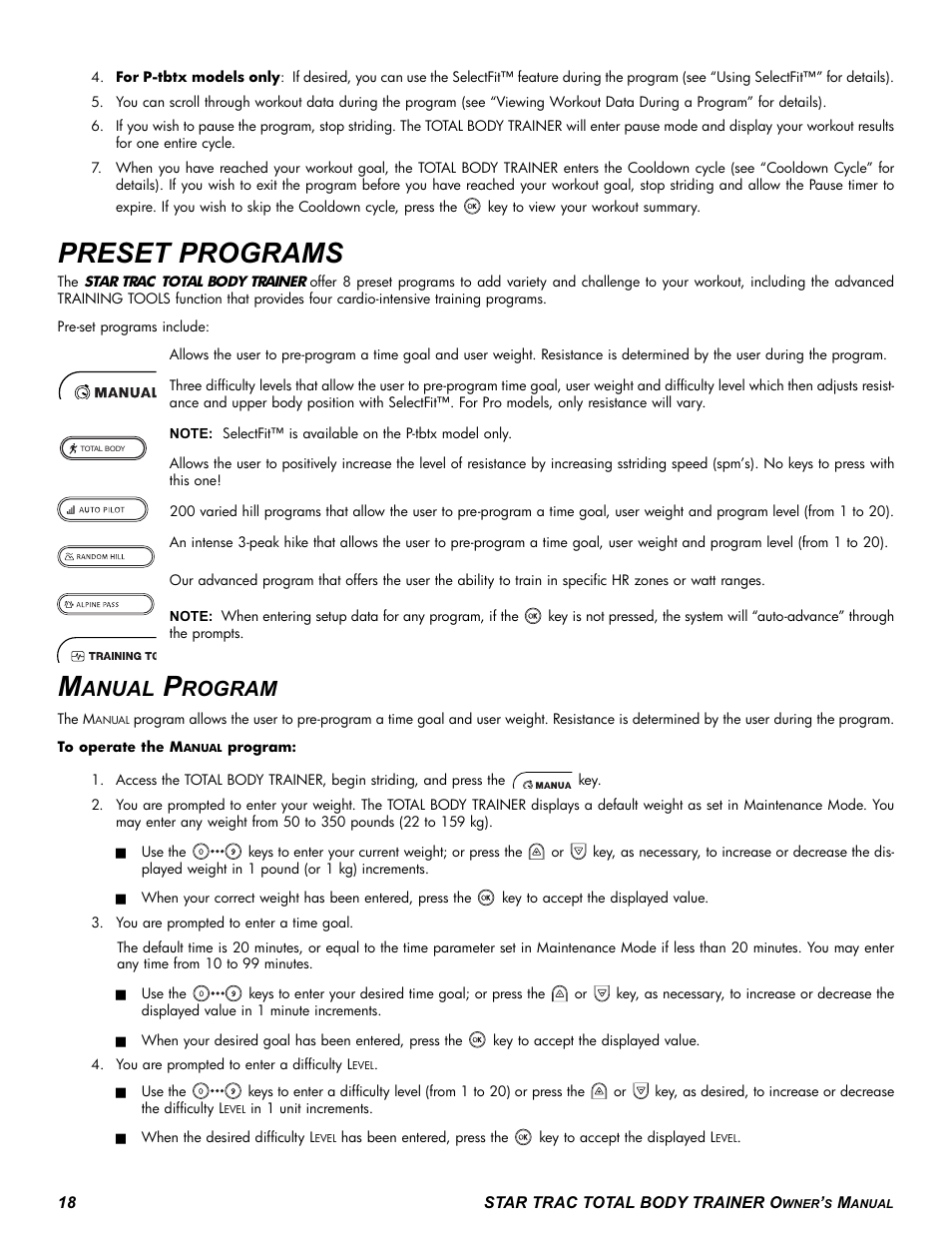 Preset programs, Anual, Rogram | Star Trac P-TBT User Manual | Page 18 / 30