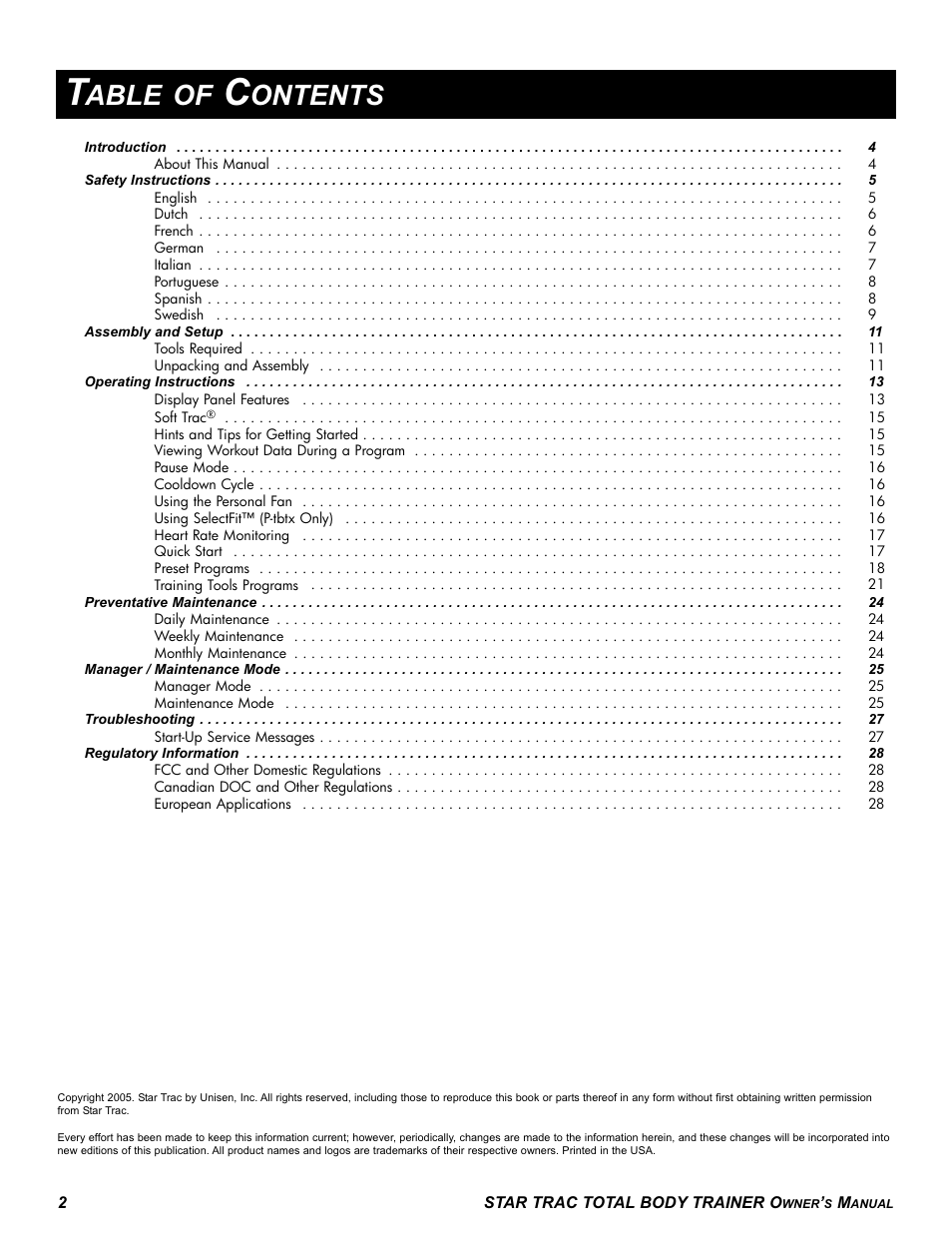 Able of, Ontents | Star Trac P-TBT User Manual | Page 2 / 30