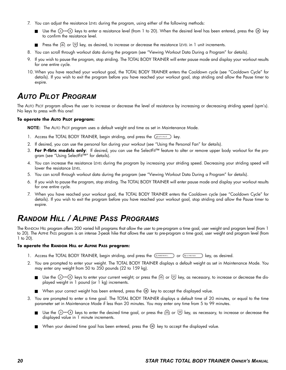 Ilot, Rogram, Andom | Lpine, Rograms | Star Trac P-TBT User Manual | Page 20 / 30