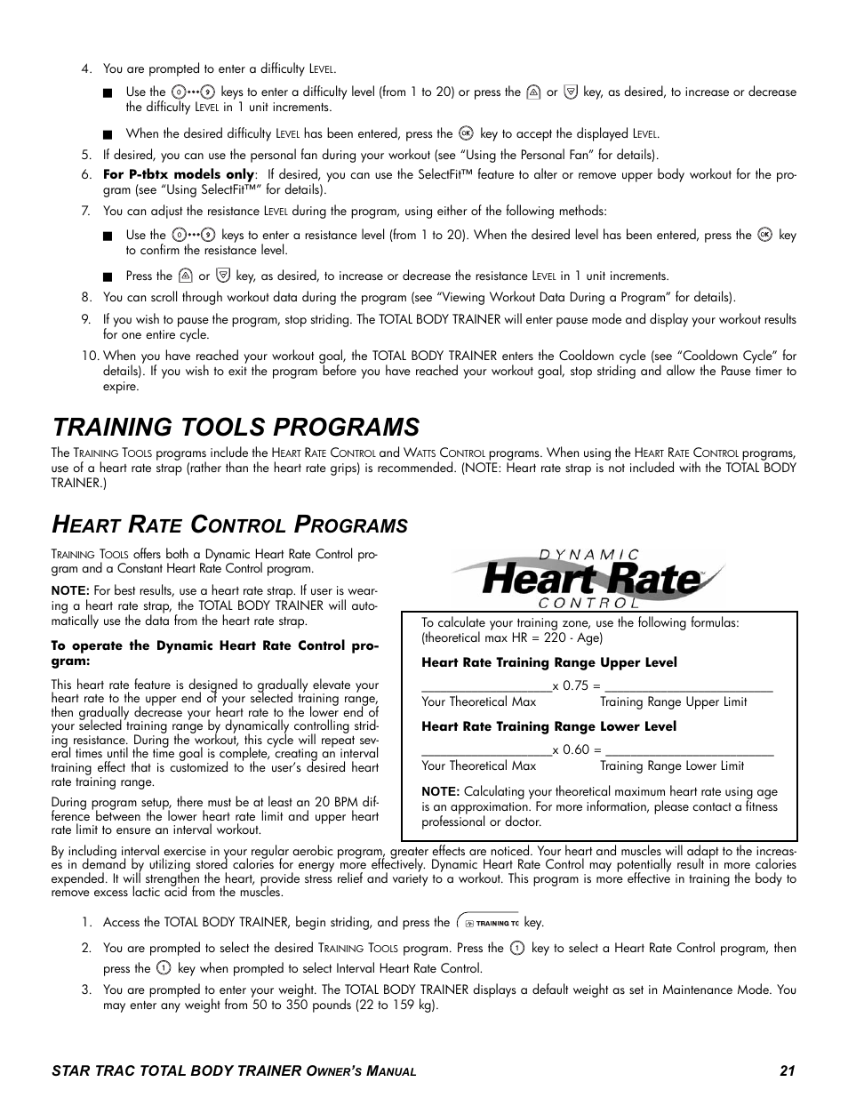 Training tools programs, Eart, Ontrol | Rograms | Star Trac P-TBT User Manual | Page 21 / 30