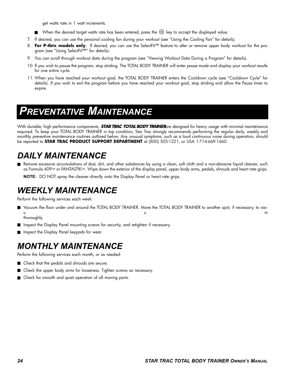 Reventative, Aintenance, Daily maintenance | Weekly maintenance, Monthly maintenance | Star Trac P-TBT User Manual | Page 24 / 30