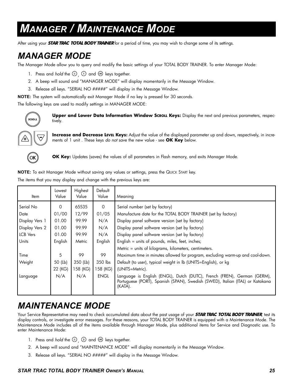 Manager mode, Maintenance mode, Anager | Aintenance | Star Trac P-TBT User Manual | Page 25 / 30