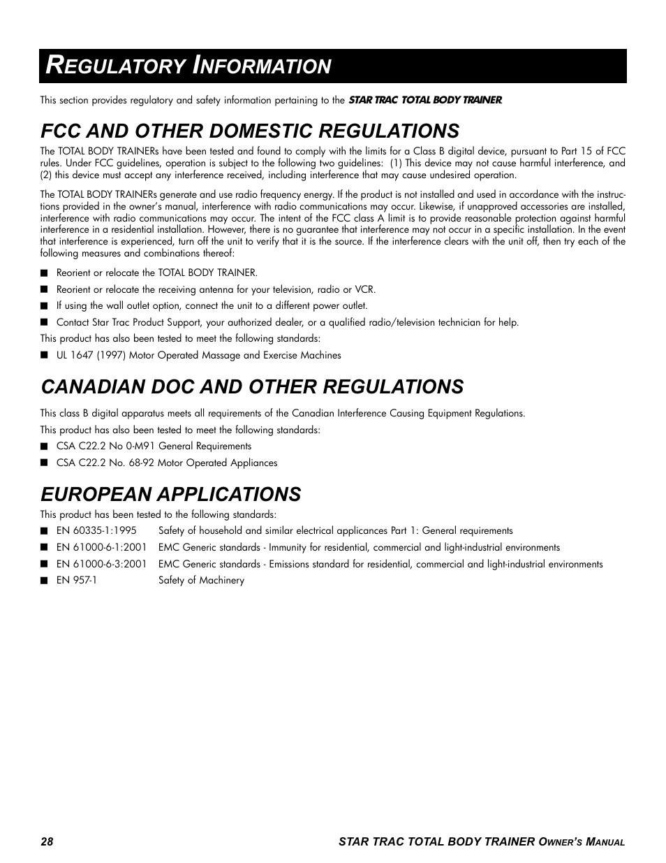Egulatory, Nformation, Fcc and other domestic regulations | Canadian doc and other regulations, European applications | Star Trac P-TBT User Manual | Page 28 / 30