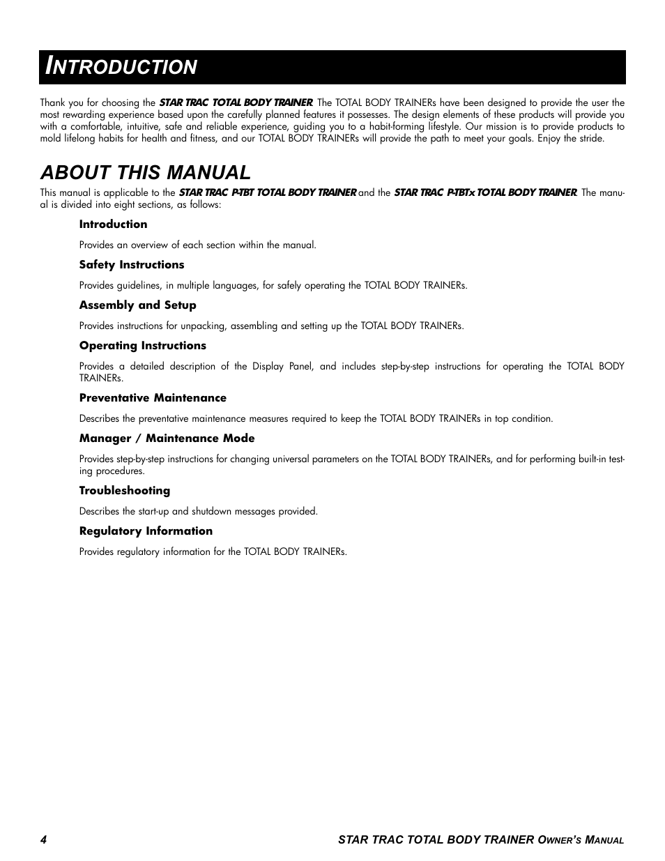 About this manual, Ntroduction | Star Trac P-TBT User Manual | Page 4 / 30