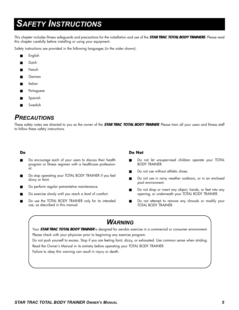 Afety, Nstructions, Recautions | Arning | Star Trac P-TBT User Manual | Page 5 / 30