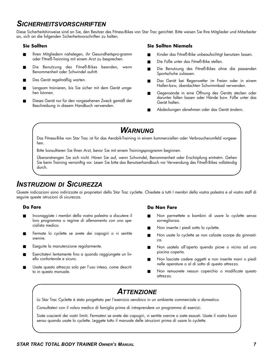 Icherheitsvorschriften, Nstruzioni di, Icurezza | Arnung, Ttenzione | Star Trac P-TBT User Manual | Page 7 / 30