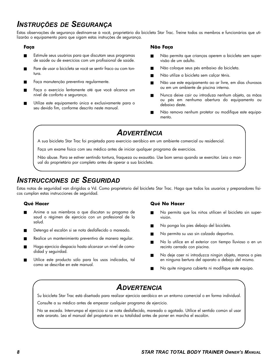 Nstruções de, Egurança, Nstrucciones de | Eguridad, Dvertência, Dvertencia | Star Trac P-TBT User Manual | Page 8 / 30