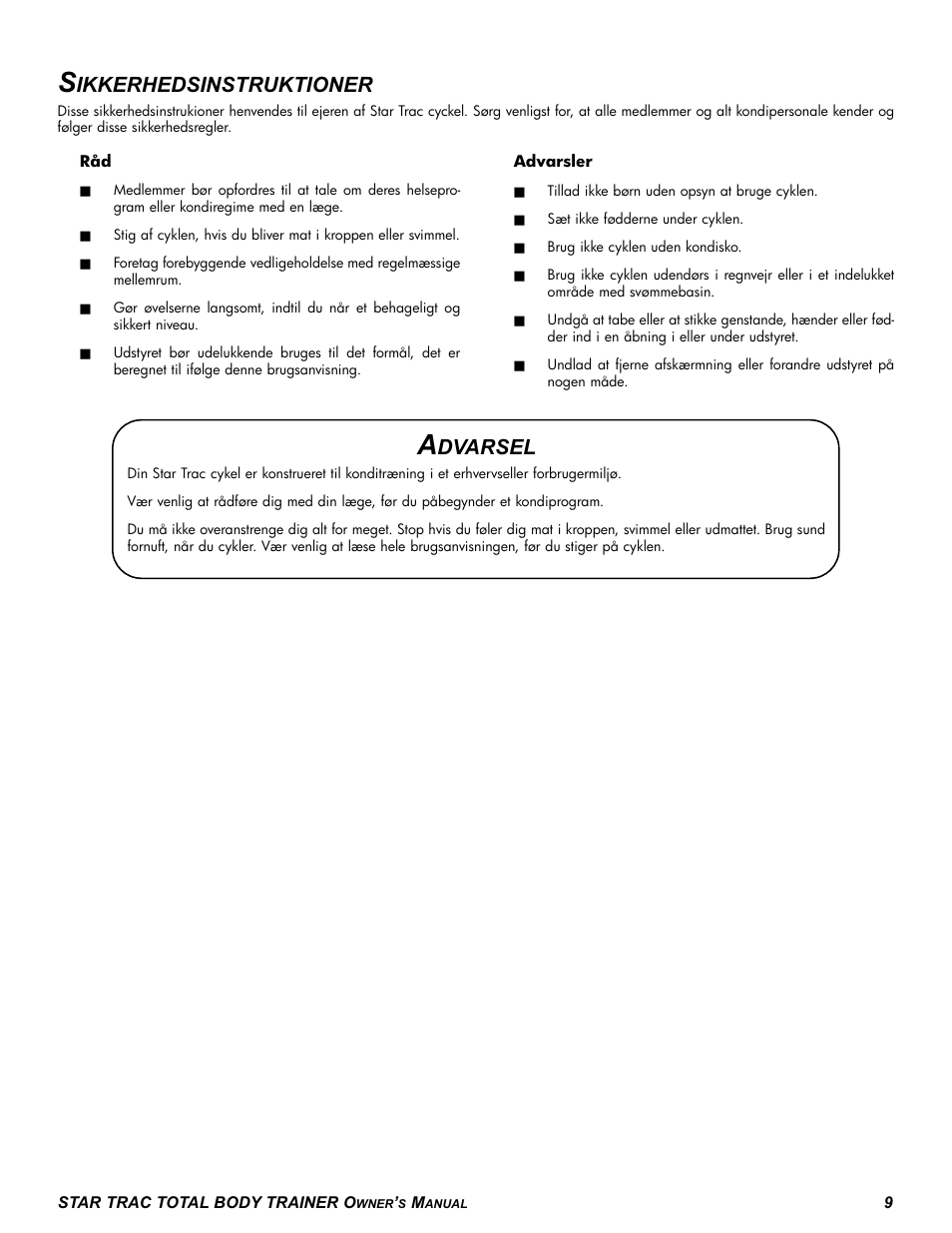 Ikkerhedsinstruktioner, Dvarsel | Star Trac P-TBT User Manual | Page 9 / 30