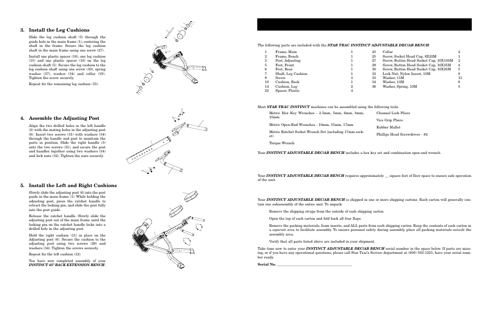 Parts and materials, Siting requirements, Unpacking | Ssembly and, Etup - a, Ools, Equired, Djustable, Ench, Install the leg cushions | Star Trac Adjustable Benches none User Manual | Page 10 / 10