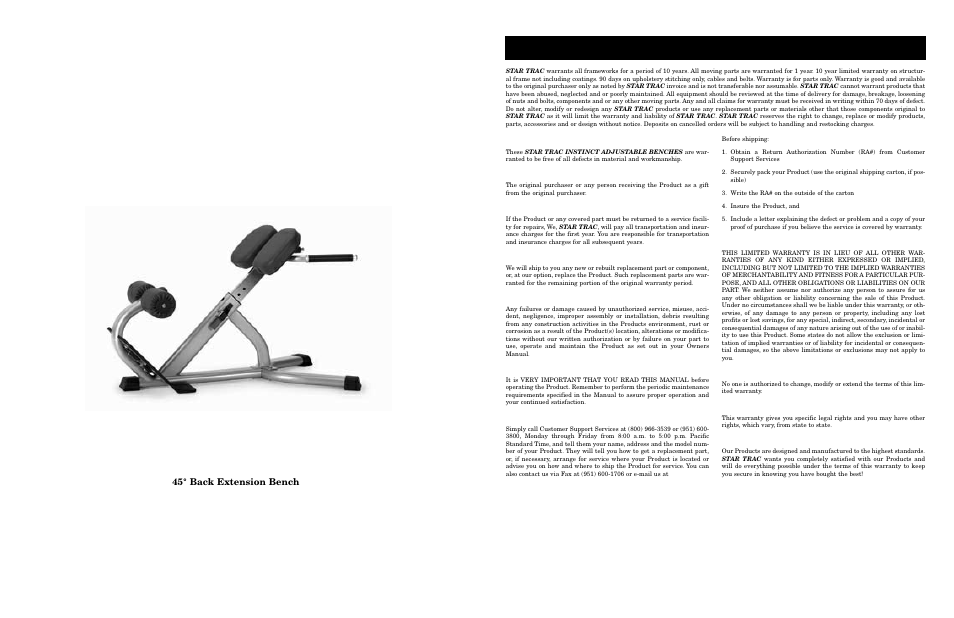 Arranty, Isclaimer, 45° back extension bench | Star Trac Adjustable Benches none User Manual | Page 4 / 10