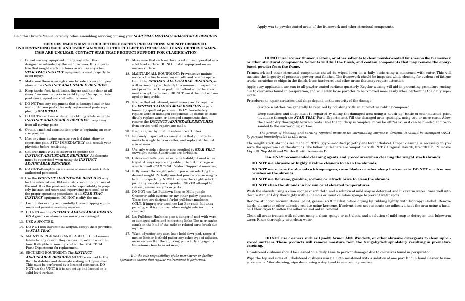 Maintenance procedures f, Afety, Nstructions | Uarterly, Aintenance, Ramework, Pholstery | Star Trac Adjustable Benches none User Manual | Page 6 / 10