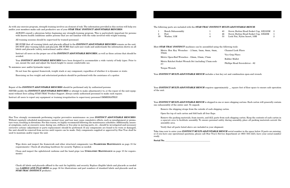 Maintenance schedule, Parts and materials, Siting requirements | Unpacking, Ssembly and, Etup - m, General guidelines, Product use and maintenance, Xercise, Uidelines | Star Trac Adjustable Benches none User Manual | Page 7 / 10