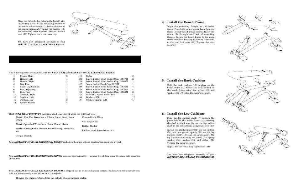 Assembly, Ssembly and, Etup - 45° b | Parts and materials, Siting requirements, Unpacking, Xtension, Ench, Ools, Equired | Star Trac Adjustable Benches none User Manual | Page 8 / 10