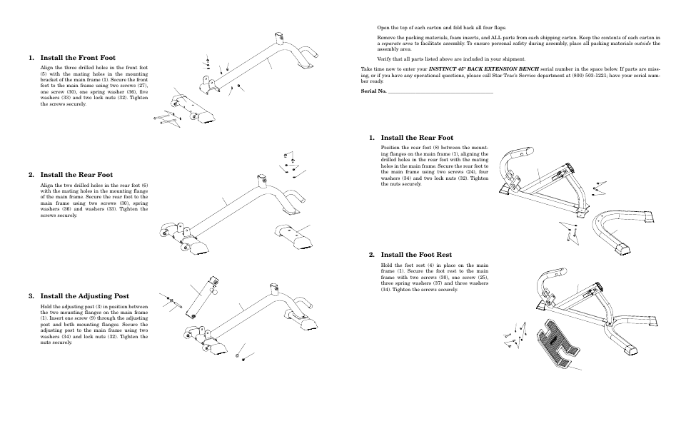 Assembly, Install the front foot, Install the rear foot | Install the adjusting post, Install the foot rest | Star Trac Adjustable Benches none User Manual | Page 9 / 10