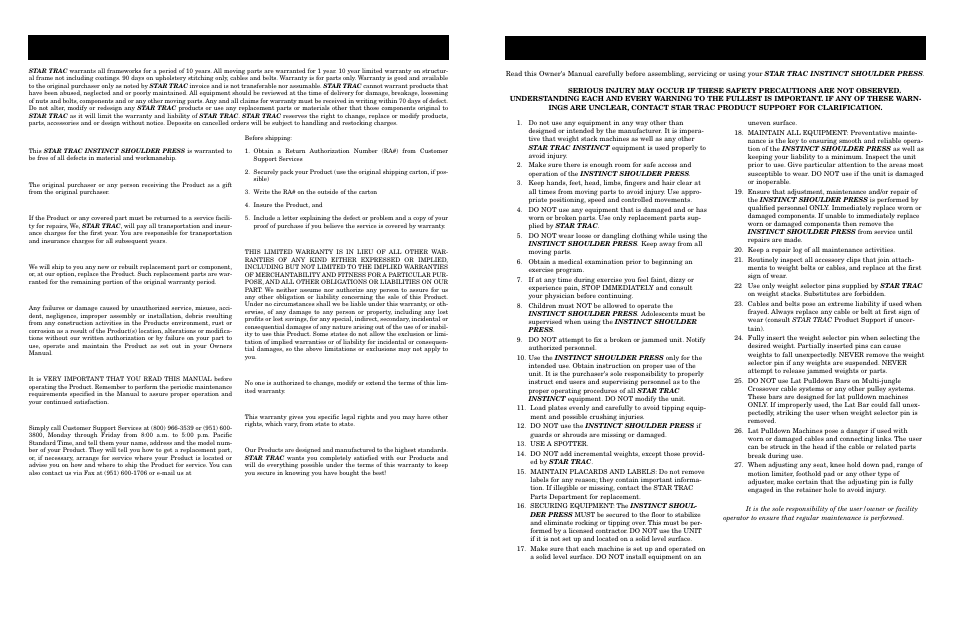Afety, Nstructions, Arranty | Isclaimer | Star Trac Shoulder Press User Manual | Page 5 / 10