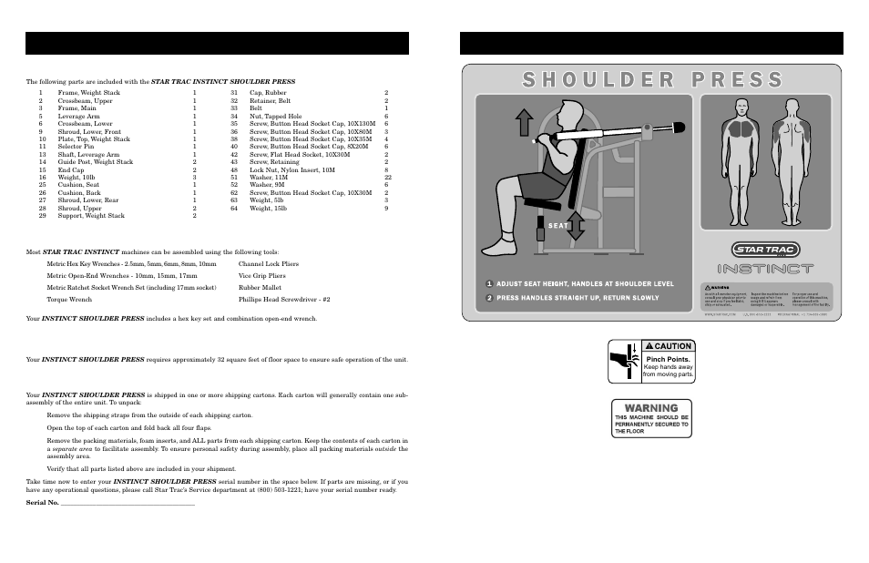 Parts and materials, Siting requirements, Unpacking | Ssembly and, Etup, Abels and, Lacards, Ools, Equired | Star Trac Shoulder Press User Manual | Page 6 / 10