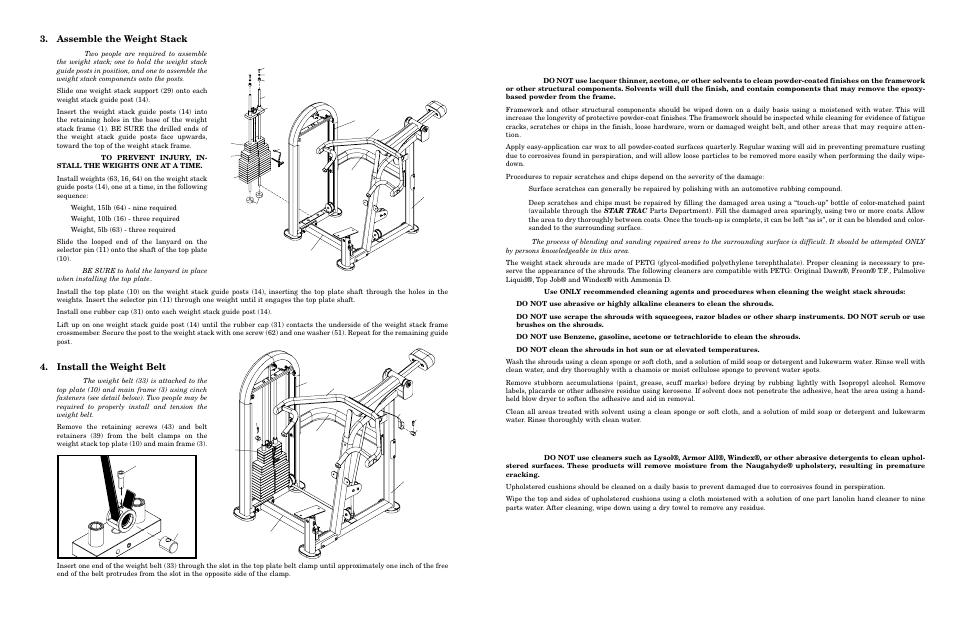 Maintenance procedures f, Ramework, Aintenance | Pholstery, Assemble the weight stack, Install the weight belt | Star Trac Shoulder Press User Manual | Page 8 / 10