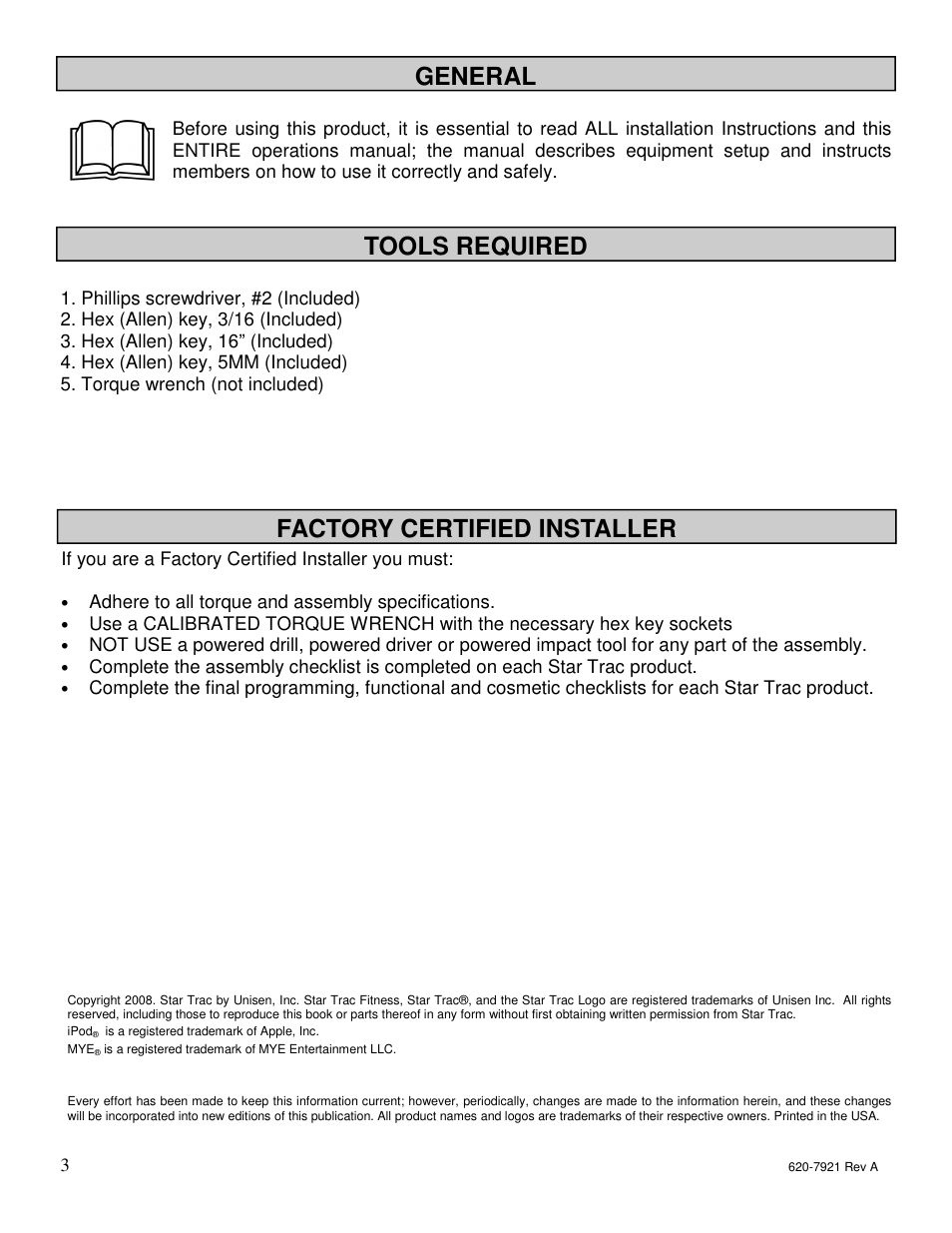 General, Tools required, Factory certified installer | Star Trac E-TBTe User Manual | Page 2 / 53