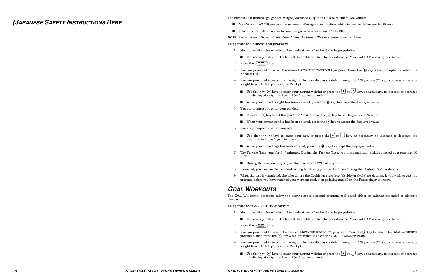 Apanese, Afety, Nstructions | Orkouts | Star Trac UB Sport Upright Bike User Manual | Page 10 / 36