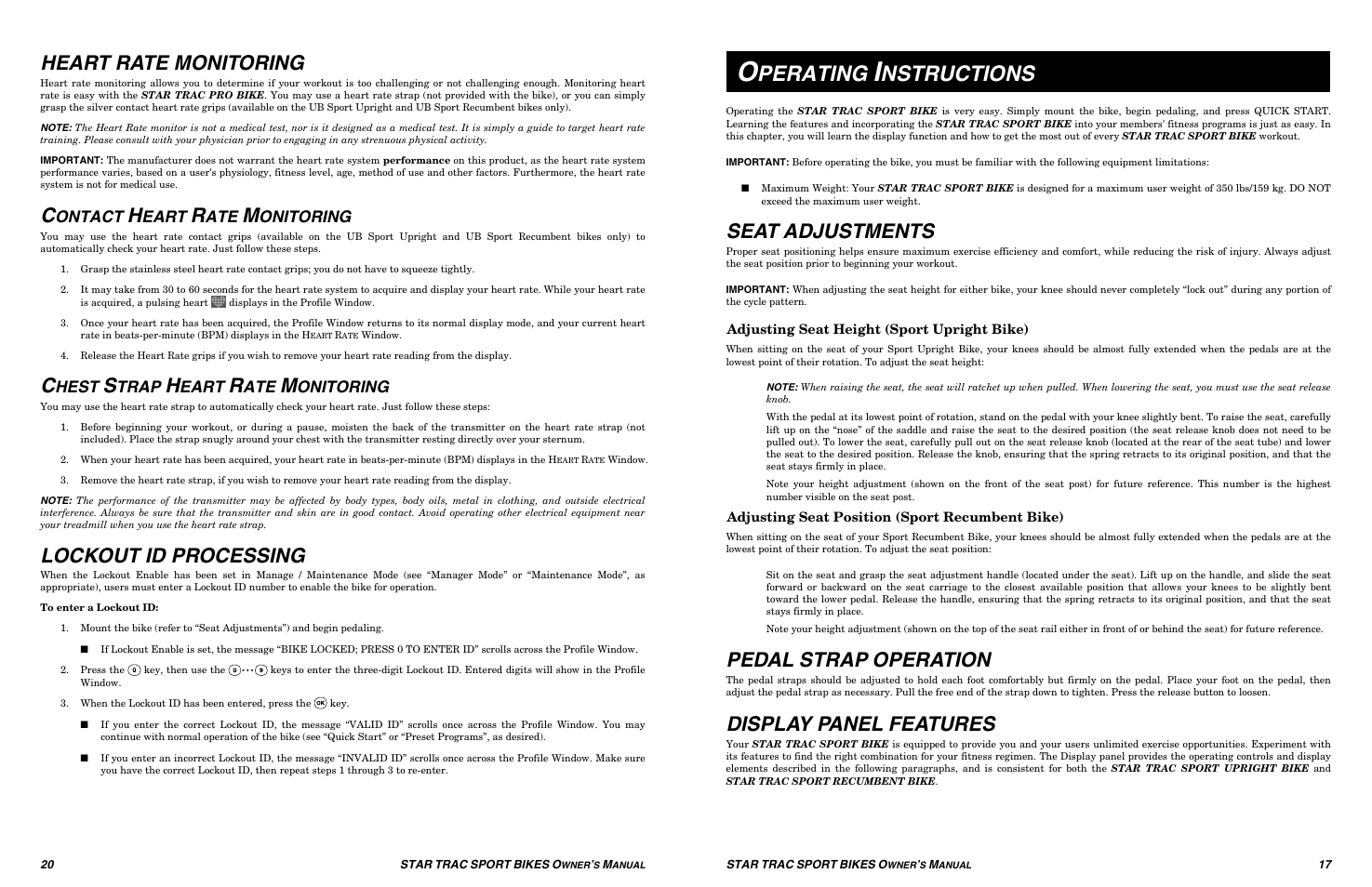 Perating, Nstructions, Heart rate monitoring | Lockout id processing, Seat adjustments, Pedal strap operation, Display panel features, Ontact, Eart, Onitoring | Star Trac UB Sport Upright Bike User Manual | Page 17 / 36