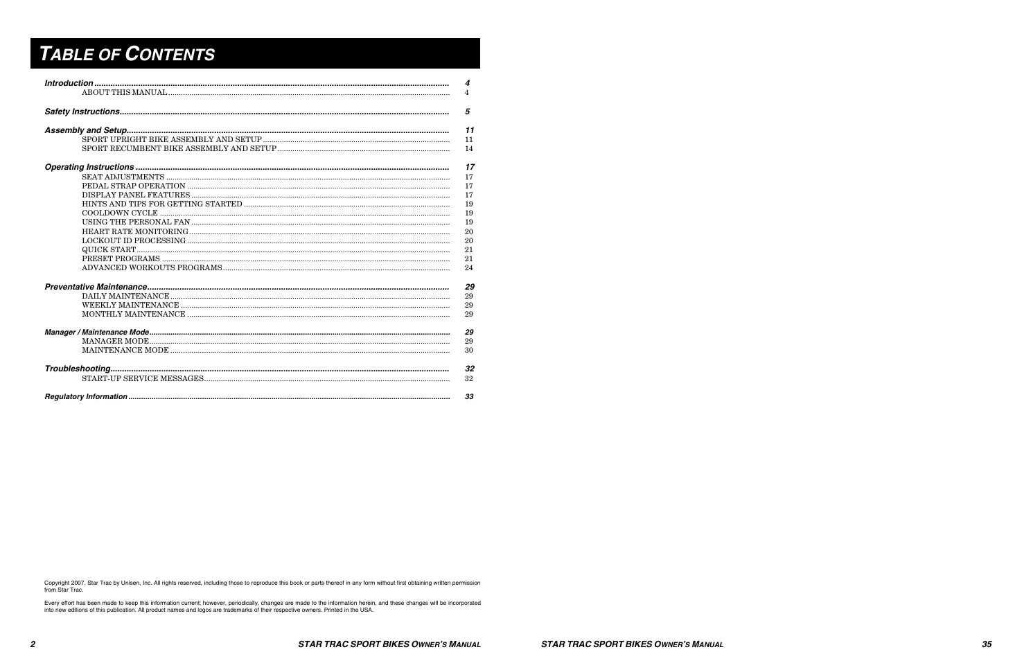 Able of, Ontents | Star Trac UB Sport Upright Bike User Manual | Page 2 / 36