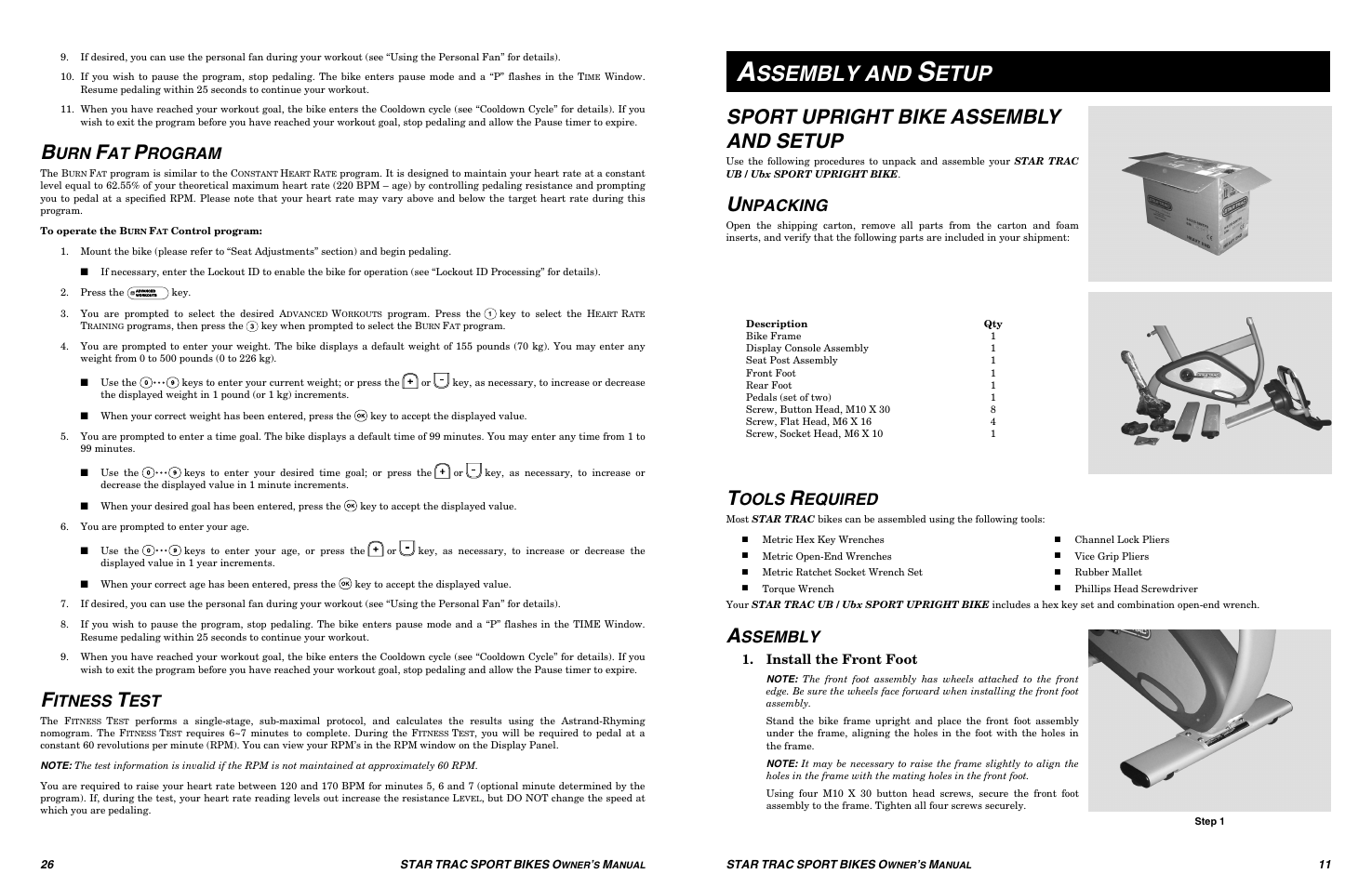 Ssembly and, Etup, Sport upright bike assembly and setup | Rogram, Itness, Npacking, Ools, Equired, Ssembly, Install the front foot | Star Trac UB Sport Upright Bike User Manual | Page 26 / 36