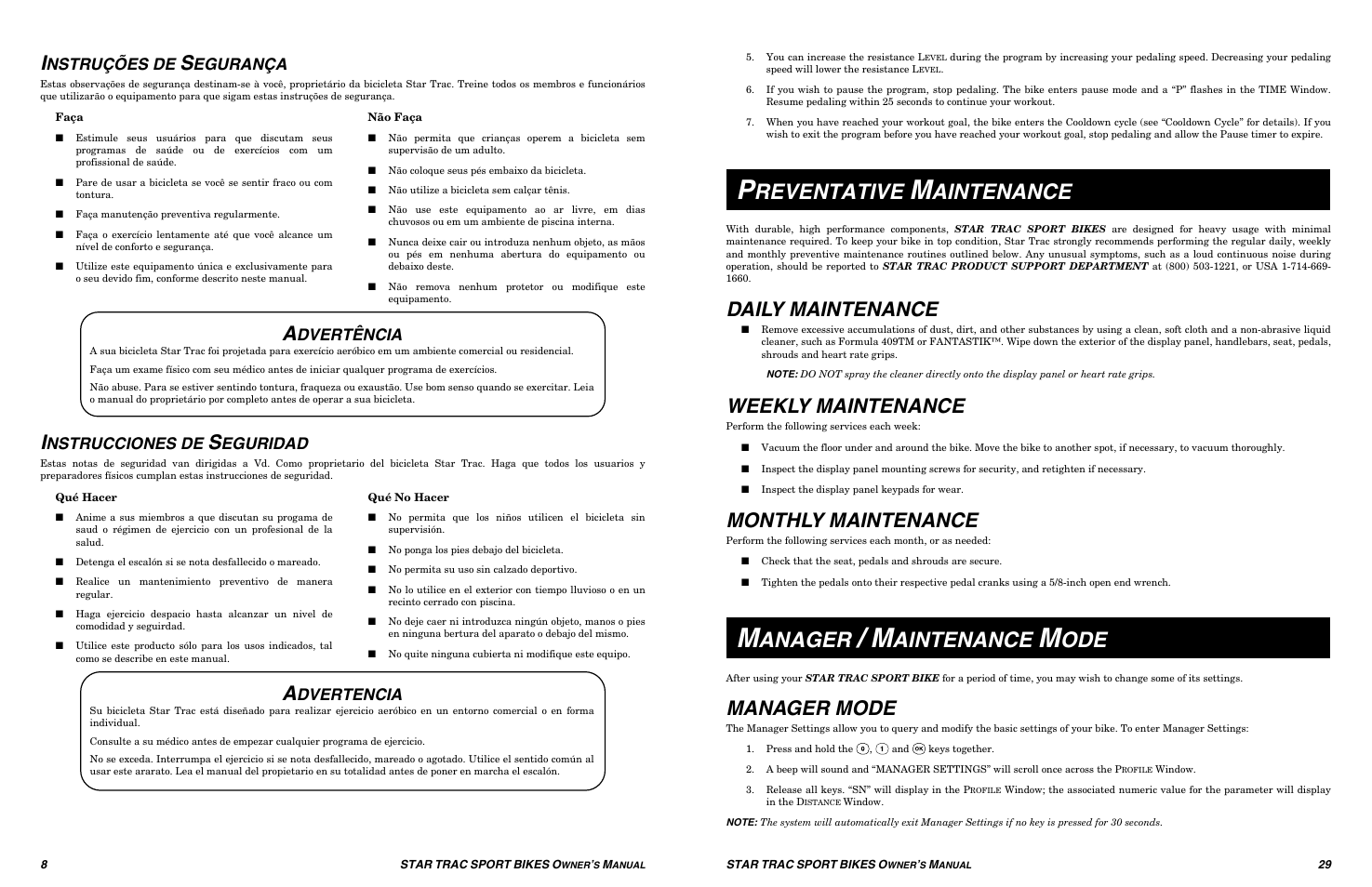 Reventative, Aintenance, Anager | Daily maintenance, Weekly maintenance, Monthly maintenance, Manager mode, Nstruções de, Egurança, Nstrucciones de | Star Trac UB Sport Upright Bike User Manual | Page 29 / 36